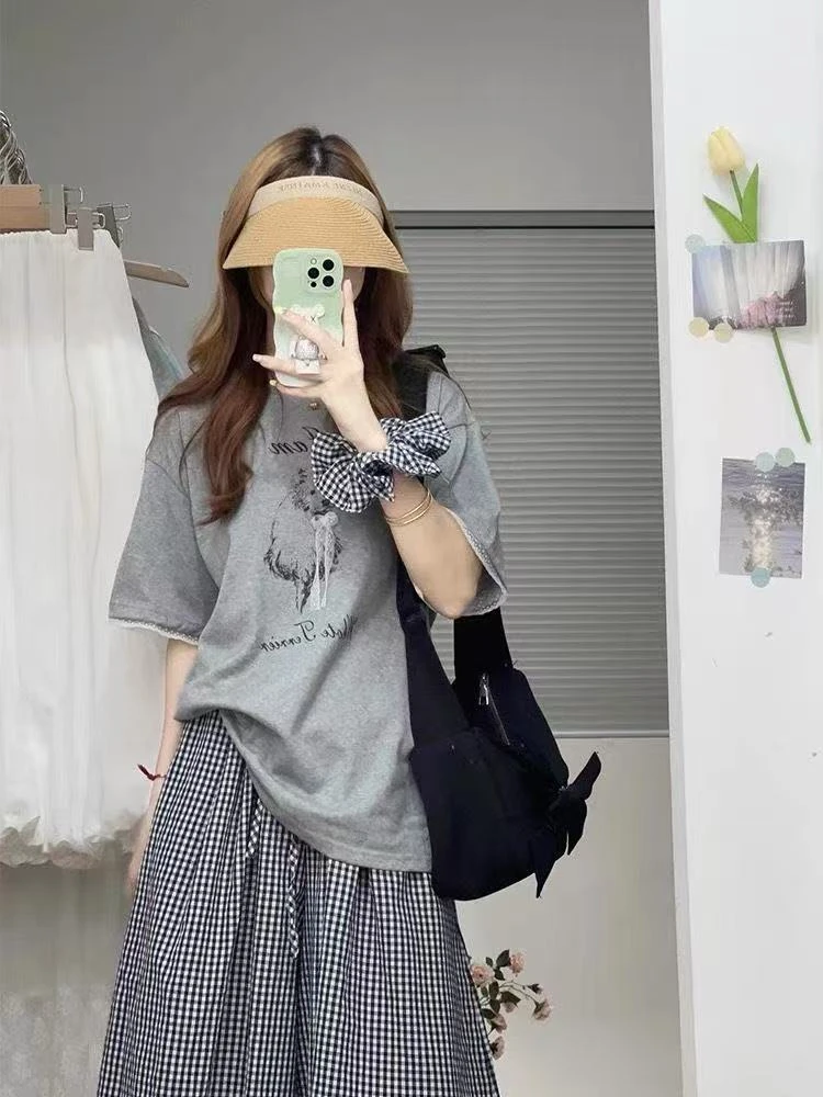 韩系慵懒新款韩版时尚百搭带发圈短袖T恤裙裤三件套宽松显瘦松弛