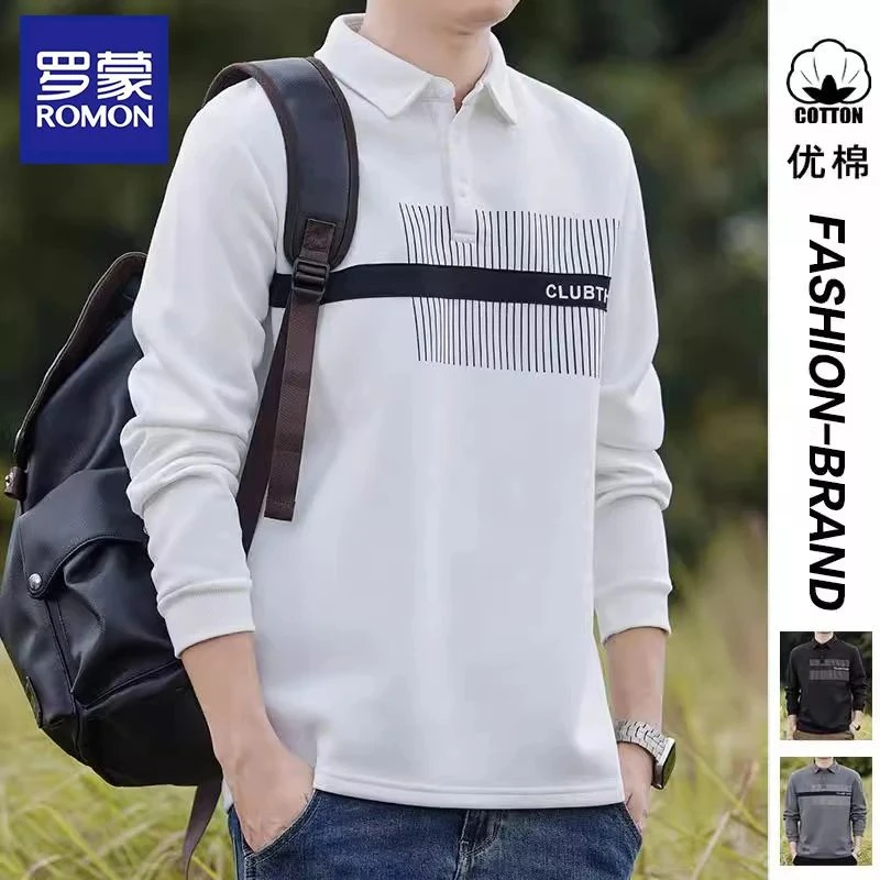 罗蒙Polo衫卫衣男士2025春秋新款宽松撞色条纹字母长袖t恤上衣服