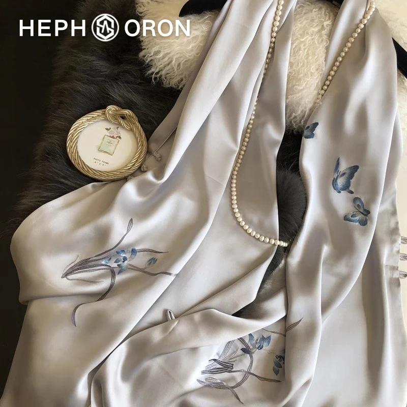 HEPHSORON苏绣丝巾礼盒灰色兰花刺绣国风盘扣披肩桑蚕丝真丝围巾