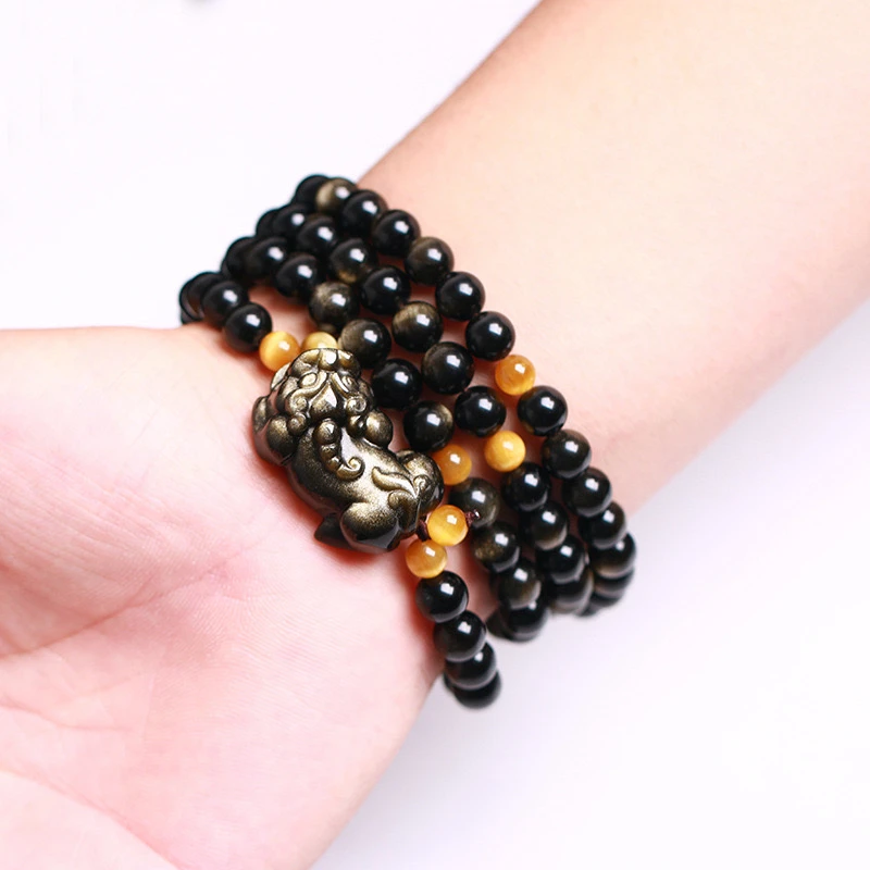 【天然】金曜石歪头貔貅6mm108颗弹力绳款手链男女款多圈手串