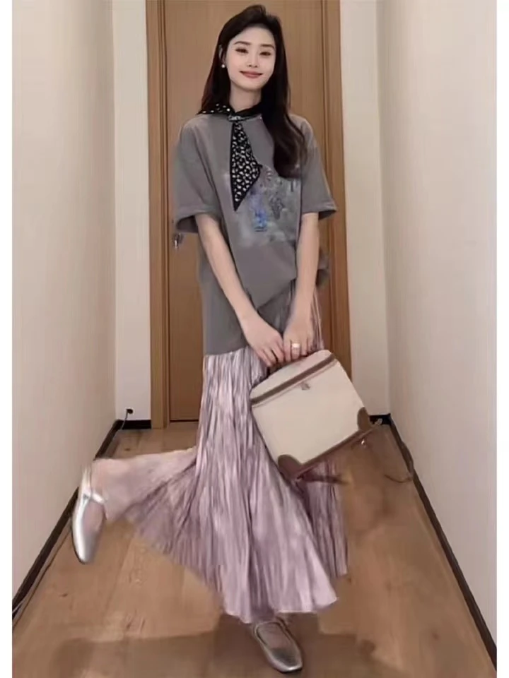 【温柔模版】压皱时尚休闲百搭山本风独特半身裙灰色油画圆领上衣潮