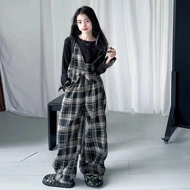 2025女童春秋新款黑色细闪上衣假两件格子拼接阔腿裤时髦炸街套装