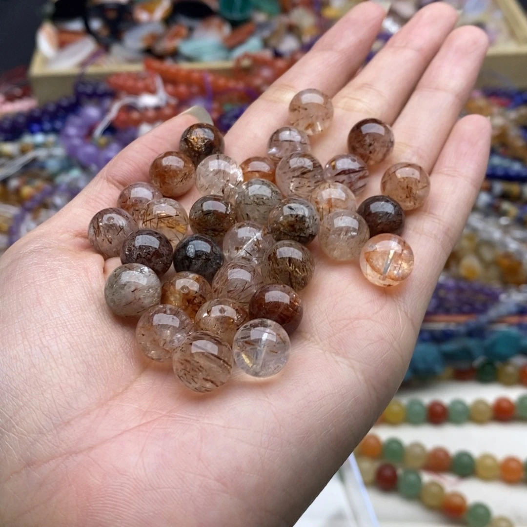 玛瑙/玉髓未镶嵌珠宝半成品两个装纯天然10mm黑金超七水晶圆珠