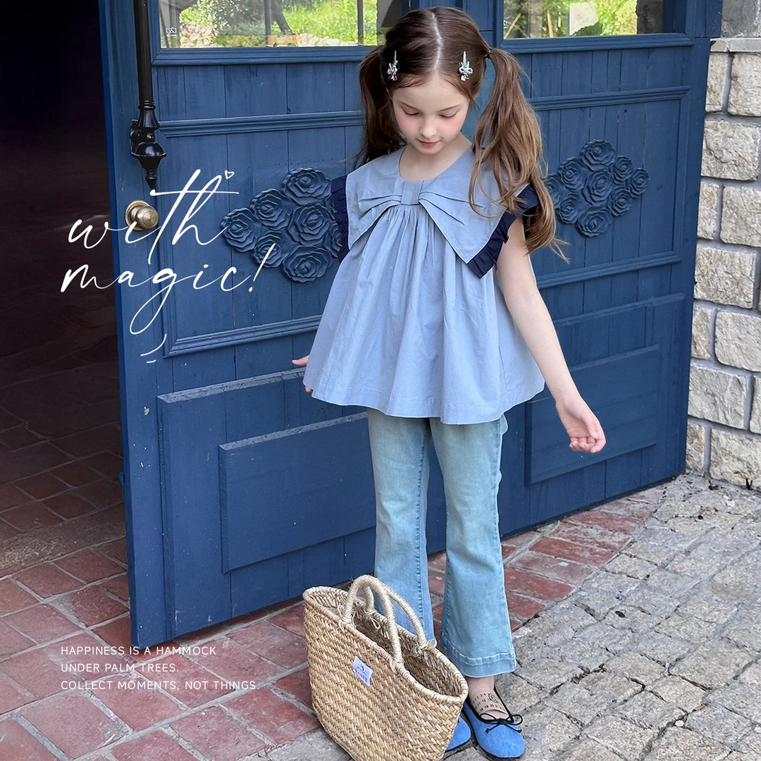 【灰调】蓝小爸童装女童蝴蝶结娃娃衫夏季洋气宝宝衬衫上衣