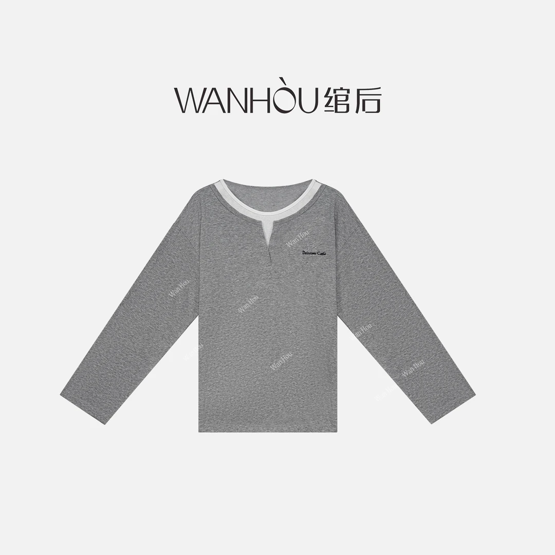 【C3640】绾后-新款大圆领宽松慵懒假两件设计长袖T恤女打底衫SS