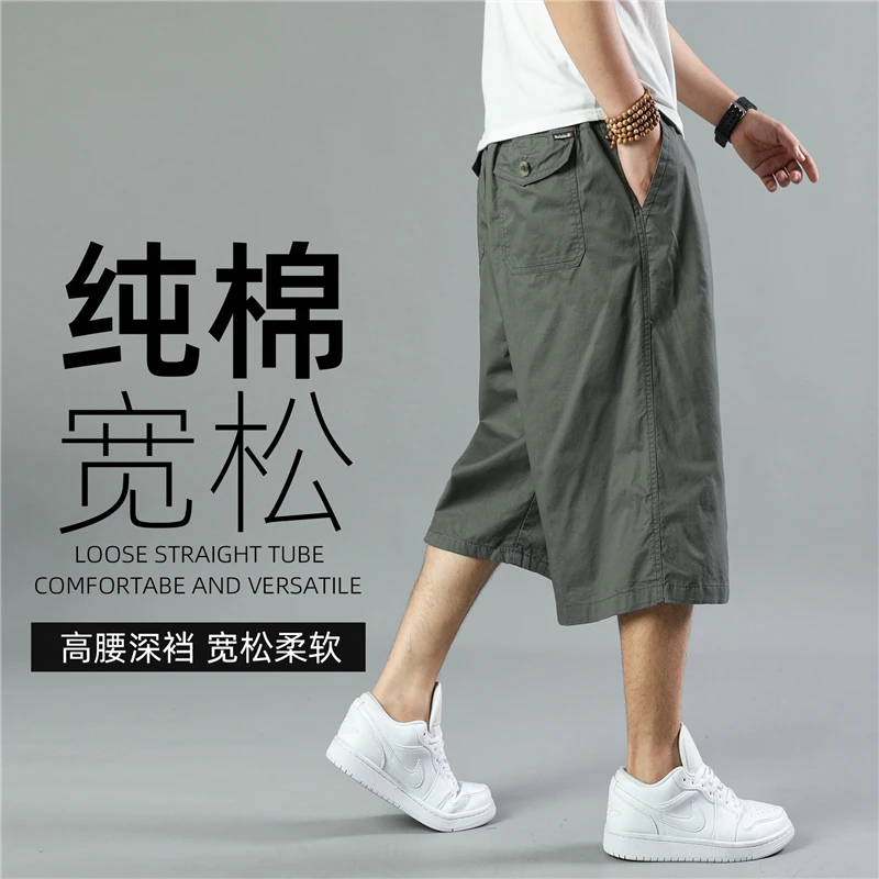 夏季薄款纯棉休闲七分裤男士宽松多口袋大码短裤7分裤高腰松紧腰