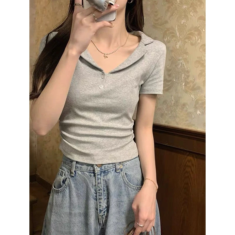 纯欲辣妹褶皱收腰短袖T恤女夏季修身内搭打底衫polo翻领短款上衣