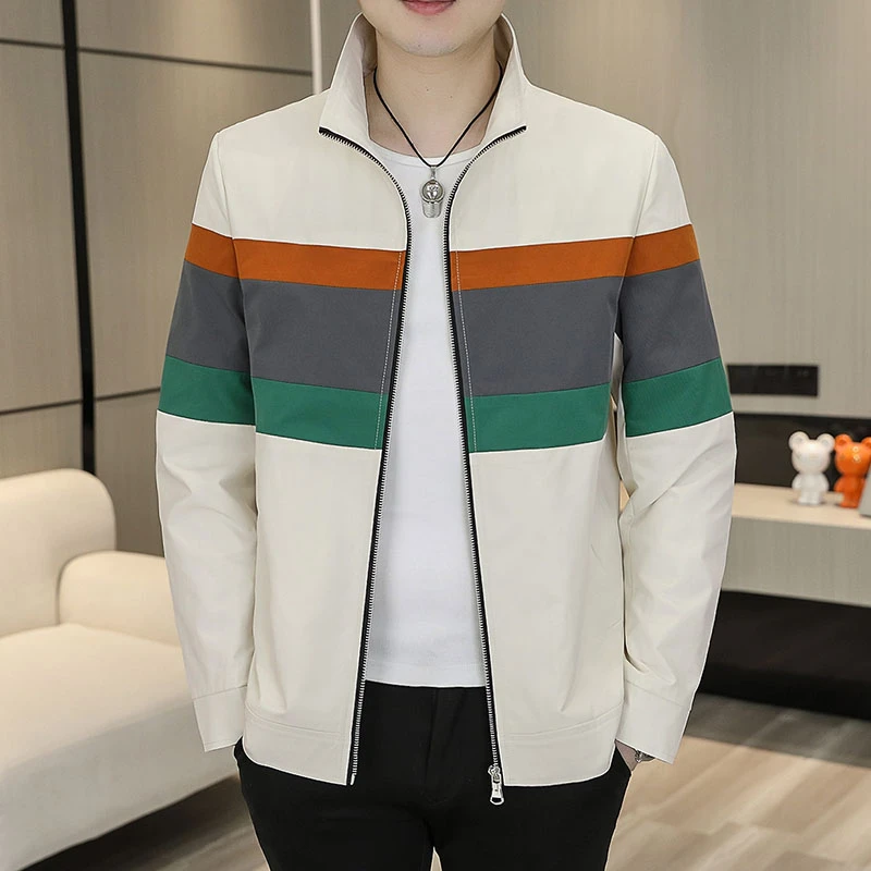 春秋季男装耐磨立领外套几何修身上衣潮流轻薄款拼色色块休闲夹克
