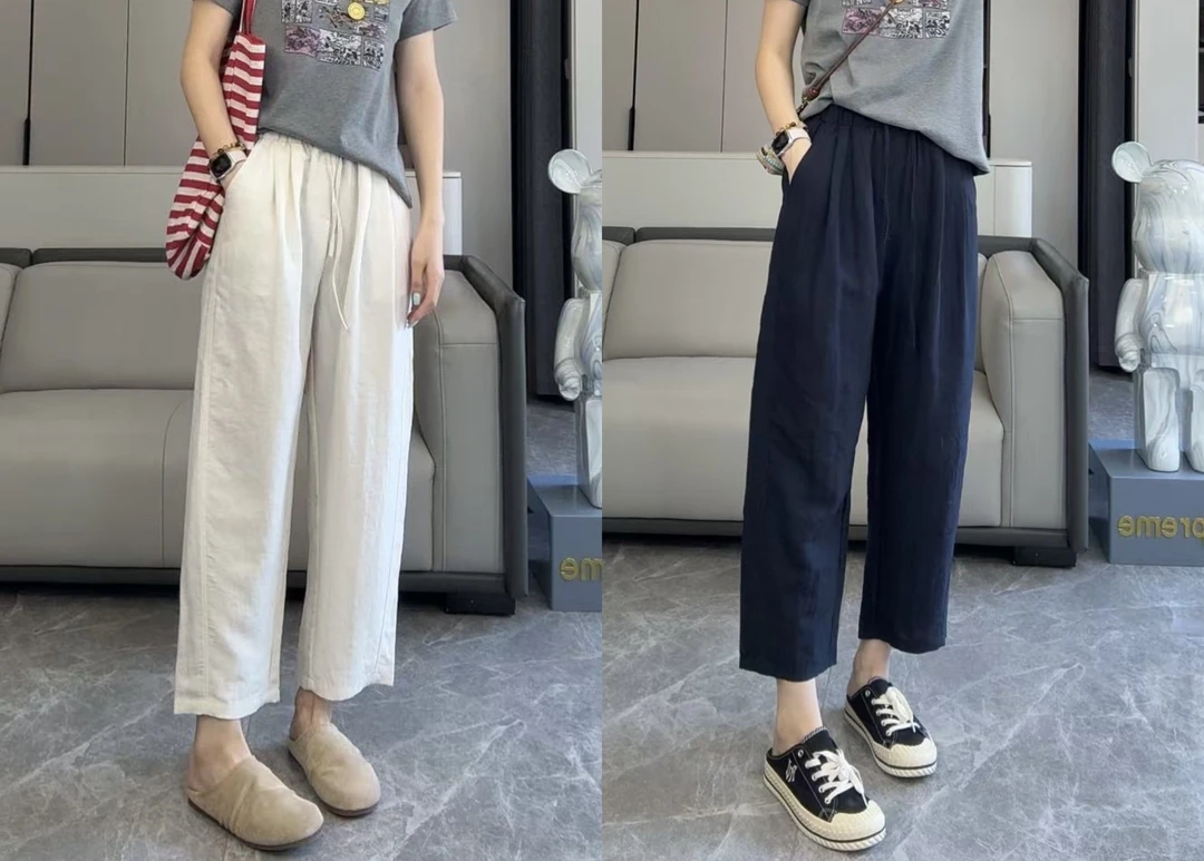 百搭2025新款莱赛尔亚麻裤女宽松直筒休闲小个子显瘦九分阔腿裤JJ