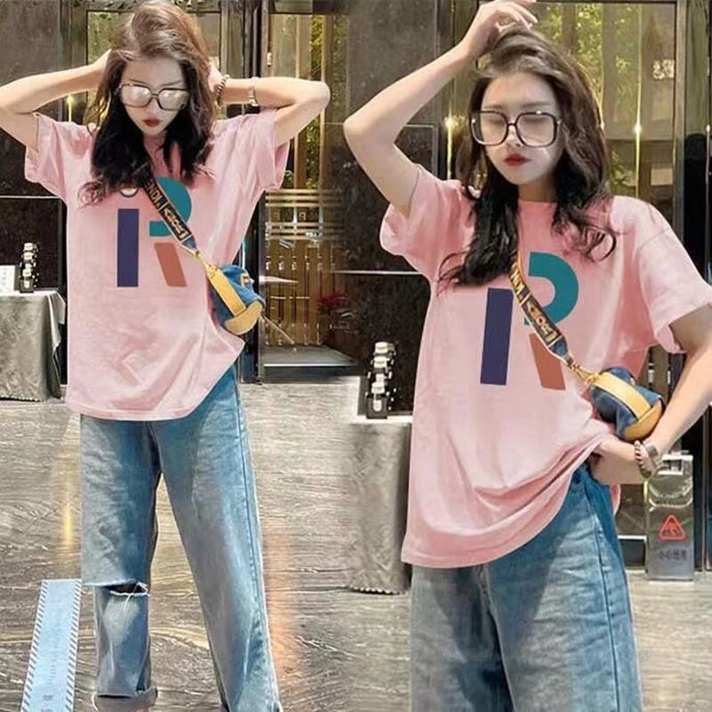 2025夏季新款宽松大码欧货上衣女印花洋气减龄中长款纯棉短袖t恤