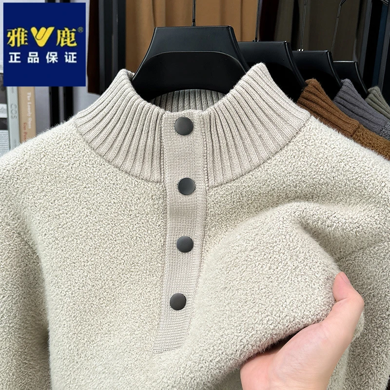 雅鹿新款纽扣半高领针织衫春秋季时尚纯色抓绒加厚宽松休闲上衣潮