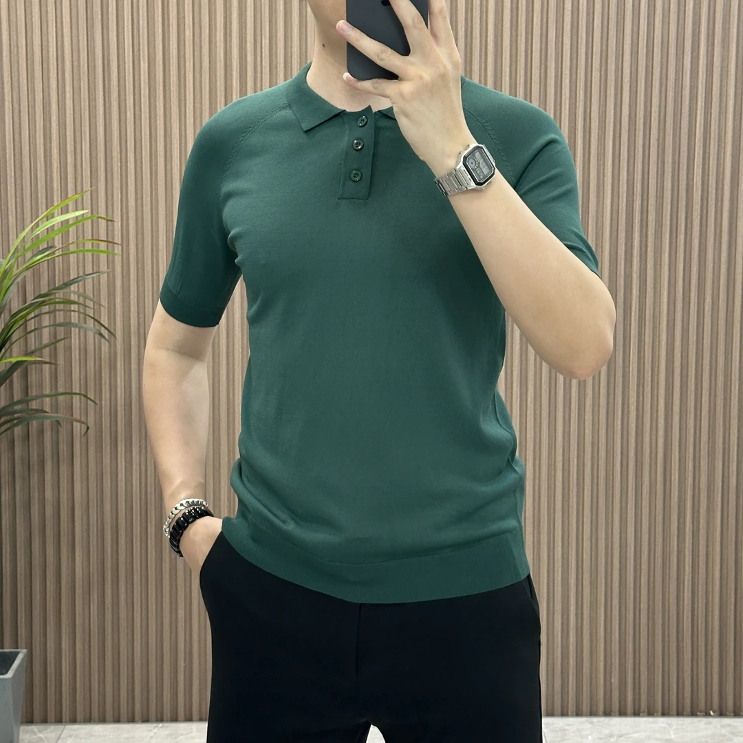 2025夏季新款高品质轻奢冰丝商务短袖翻领简约男士针织上衣T恤男