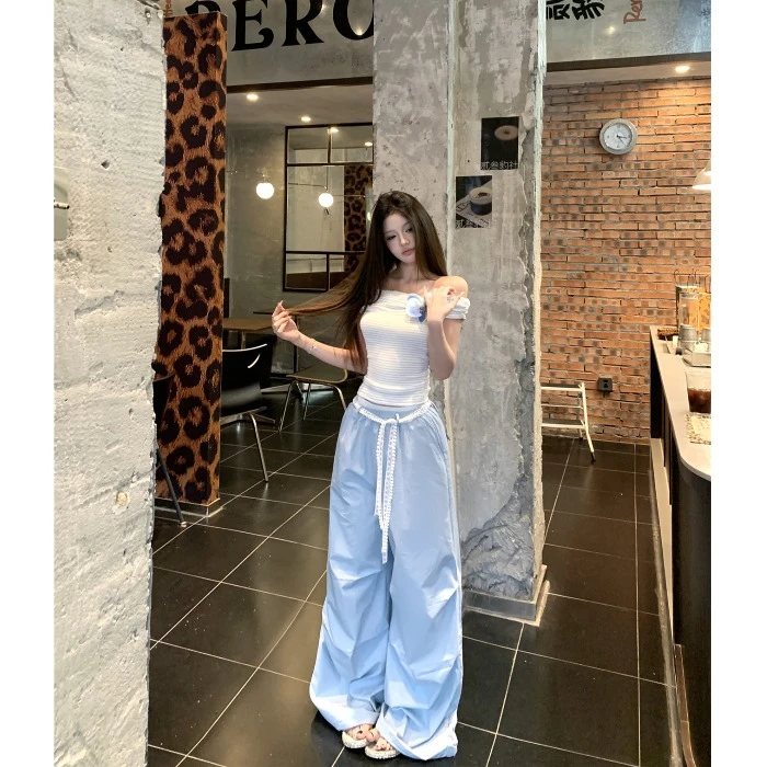 美式松紧腰工装裤甜酷休闲裤女夏季新款炸街长裤宽松阔腿拖地裤子