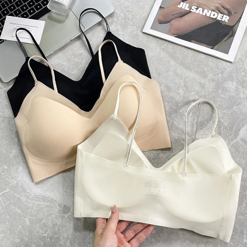 细闪肩带一片式美背内衣女夏季薄款无钢圈防下垂冰丝无痕吊带背心