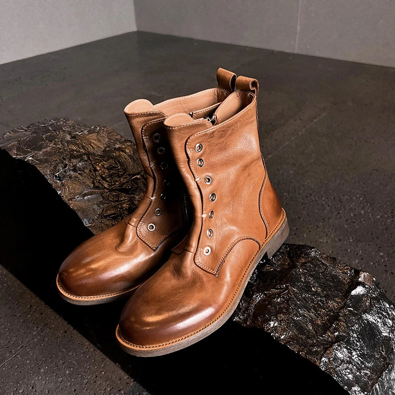 水洗牛皮真皮擦色复古棕色马丁靴无系带重工厚底切尔西靴短靴女潮