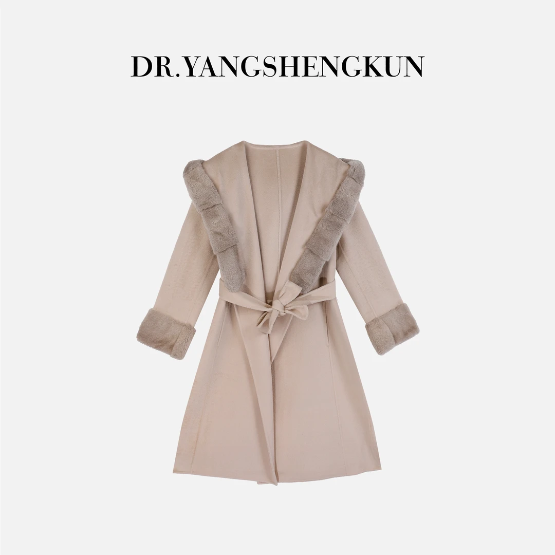 杨圣坤2025冬季羊毛羊绒混纺双面呢大衣拼接水貂外套女EY25101905