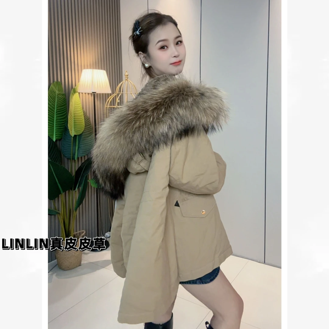 【LINLIN小店】女款派克服加厚毛领连帽宽松型中长款派克服冬季棉服