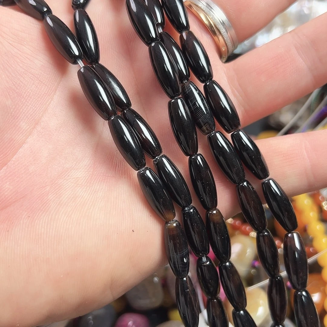 玛瑙/玉髓合金珠宝半成品A615，天然黑玛瑙米珠一条6*15mm