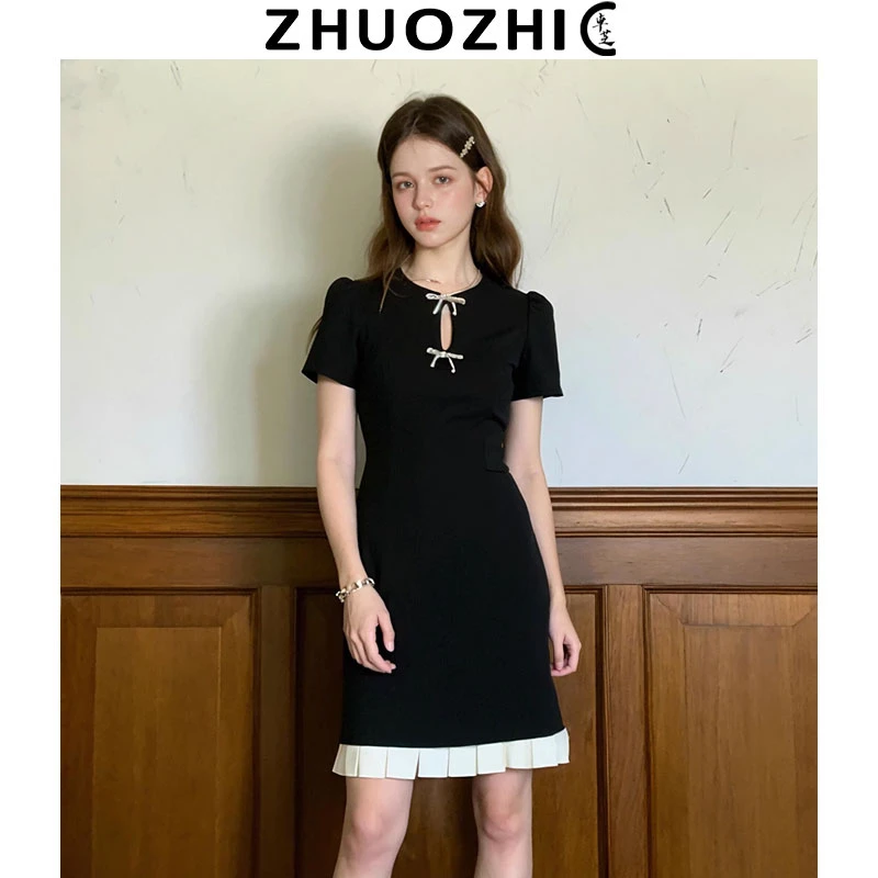 [卓芝]法式高级感蝴蝶结镂空拼色连衣裙2025夏季新款收腰显瘦裙子