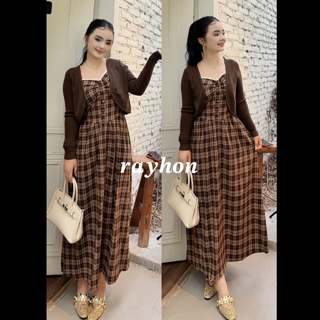 Rayhon法式格纹吊带半身裙开衫时尚洋气秋季套装