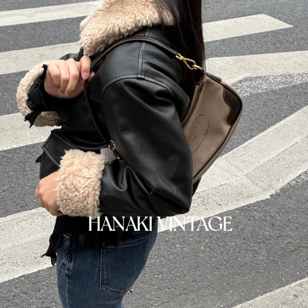 95新 Prada/普拉达 花绮中古/Prada牛仔拼皮腋下hobo