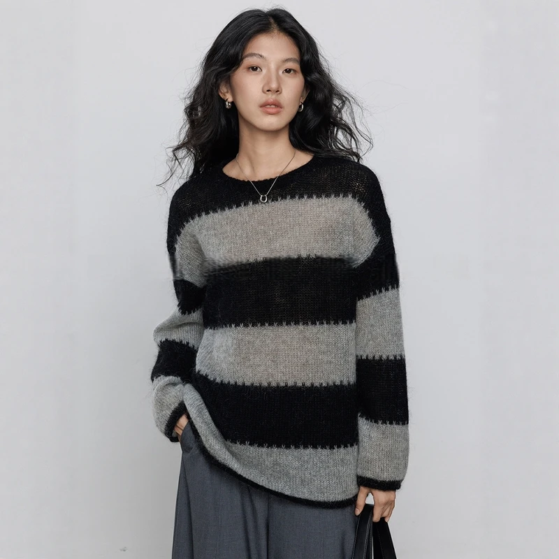 法式条纹马海毛圆领针织衫女秋季慵懒宽松软糯毛衣老钱风套头上衣