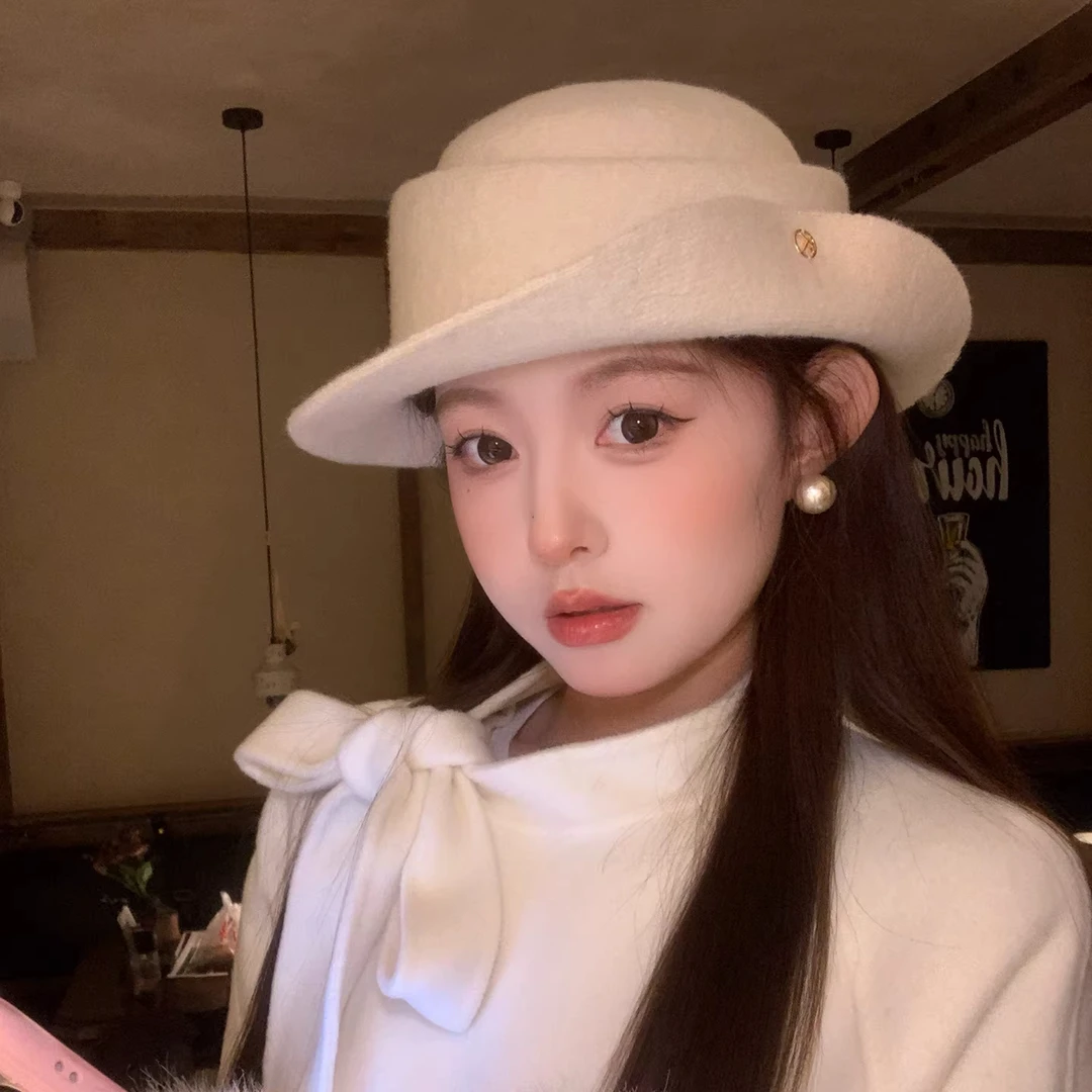 赫本风毛呢白色法式礼帽女秋冬千金风名媛气质优雅高级感渔夫帽子