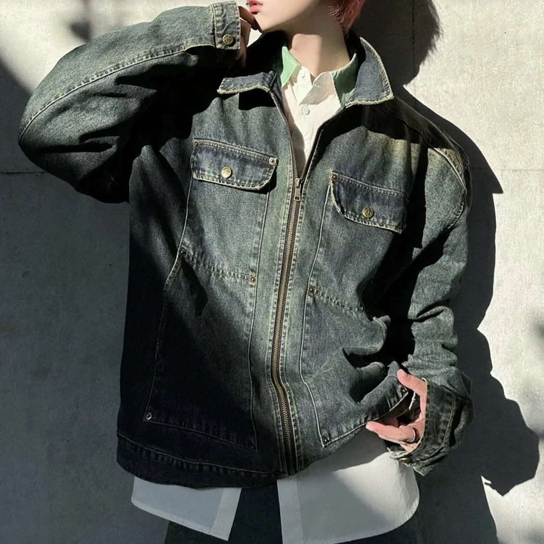 水洗做旧牛仔夹克男2025春秋新款美式街头复古宽松设计感痞帅外套