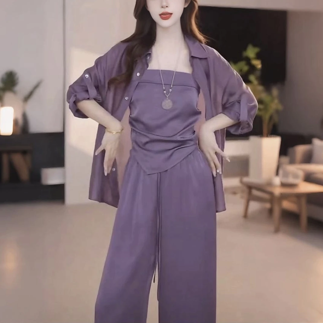 三件套轻熟风时尚时尚套装慵懒风套装长袖吊带女装INS风减龄森系