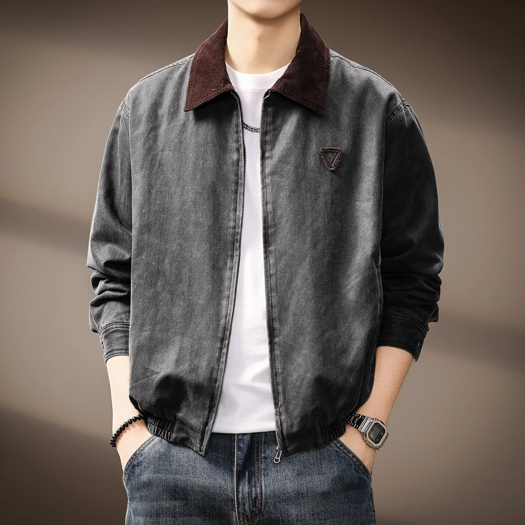高端复古巴恩风水洗油蜡皮外套男2025秋季美式休闲工装翻领夹克男