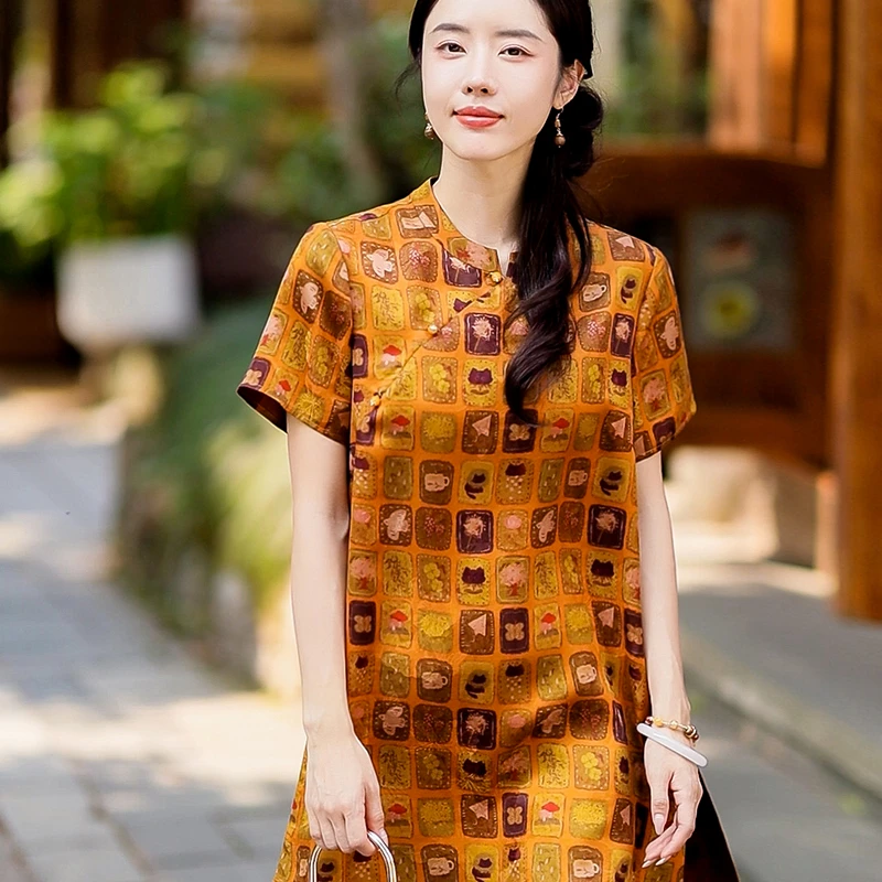 复古日记“年轮”100桑蚕丝重缎香云纱印花奥黛旗袍25FC533