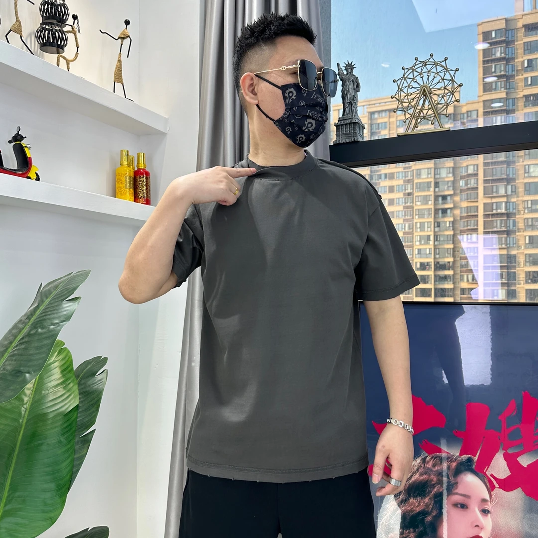 男士夏季新款重磅纯棉简约宽松百搭纯色双层领口破洞散边半袖t恤