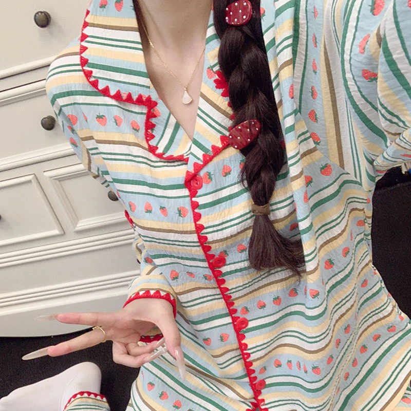 甜美风草莓条纹长袖睡衣女款春秋季爆款小个子女士家居服长裤套装