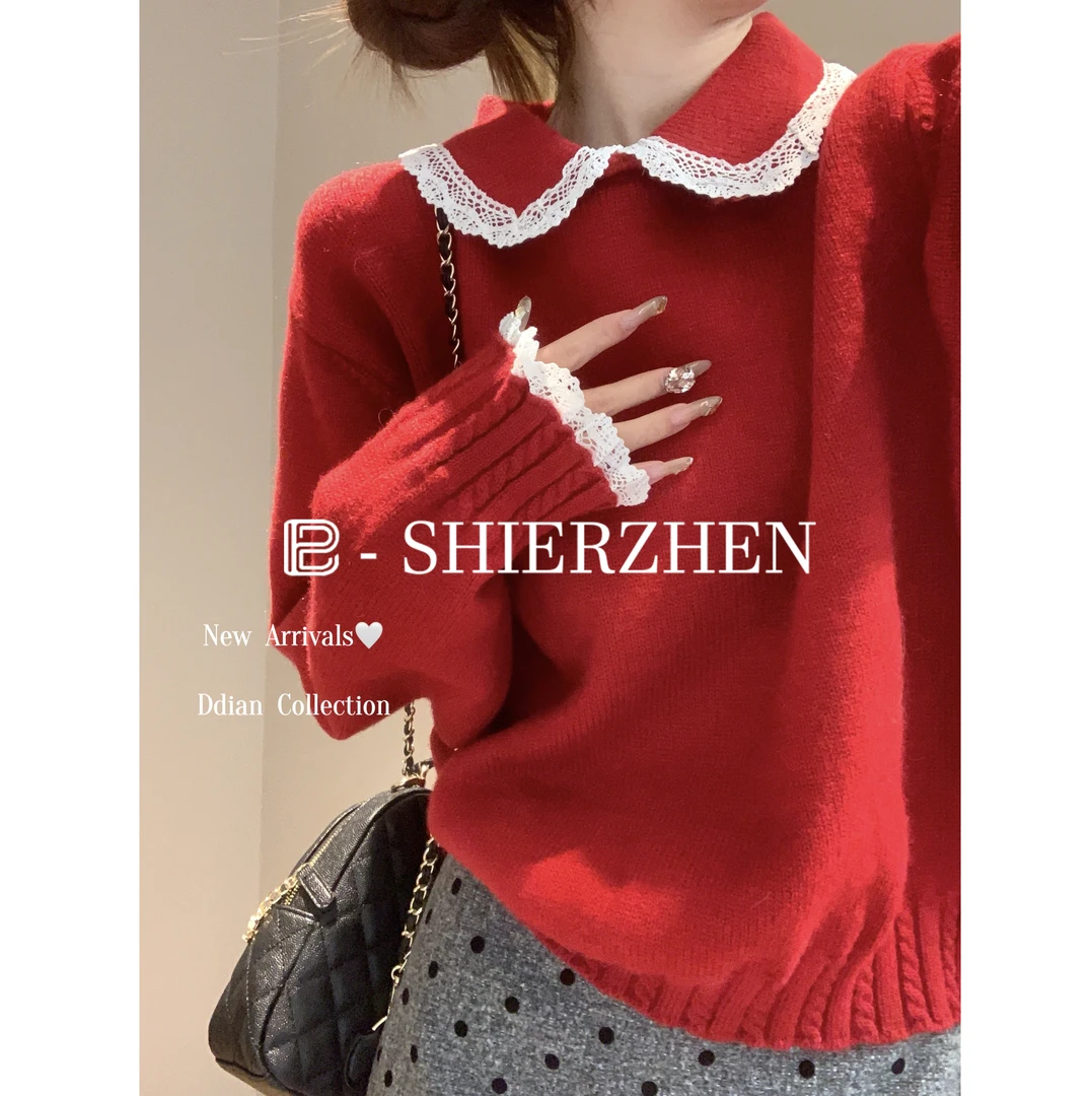 2025迎春韩版蕾丝花边娃娃领翻领设计感百搭套头时尚针织衫上衣