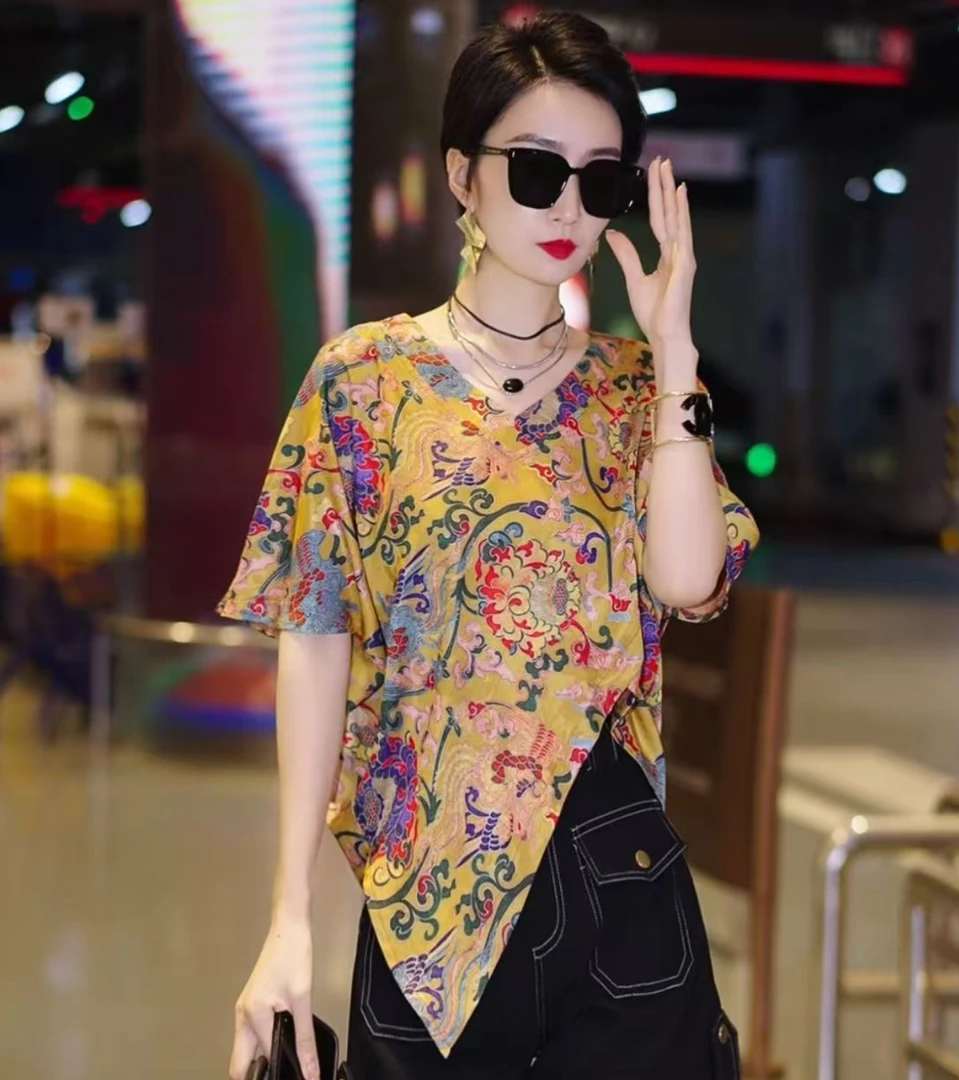 （玟萱推荐）国风不规则短袖印花上衣
