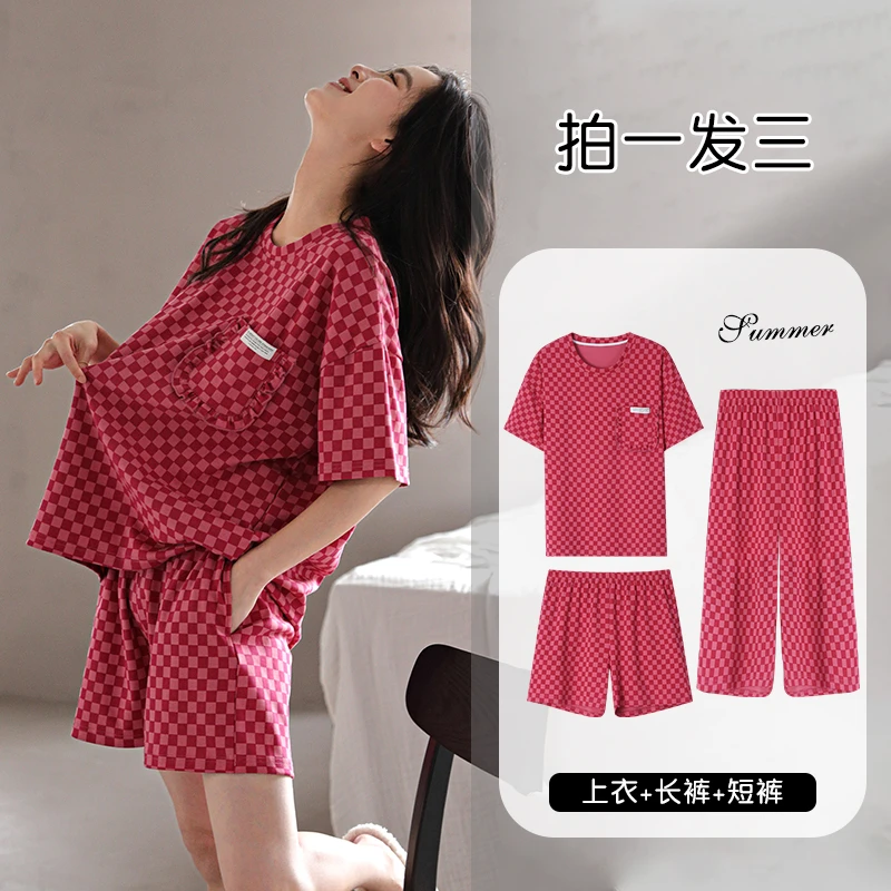愉生活睡衣女式夏季纯棉薄短袖短裤圆领大码格子套装休闲风家居服
