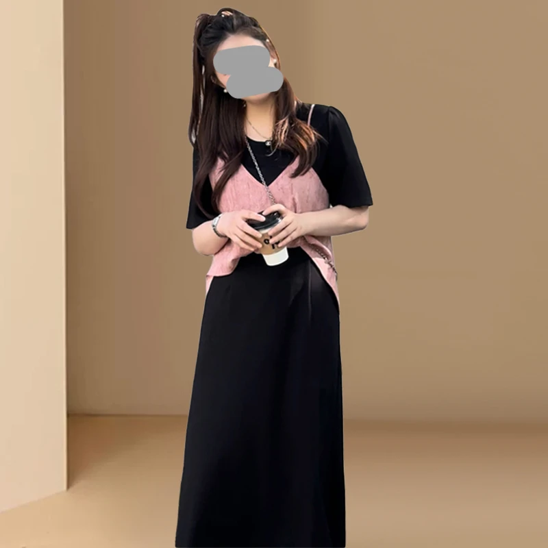 大码设计感假两件拼接短袖连衣裙女夏季胖mm宽松遮胯显瘦气质裙子
