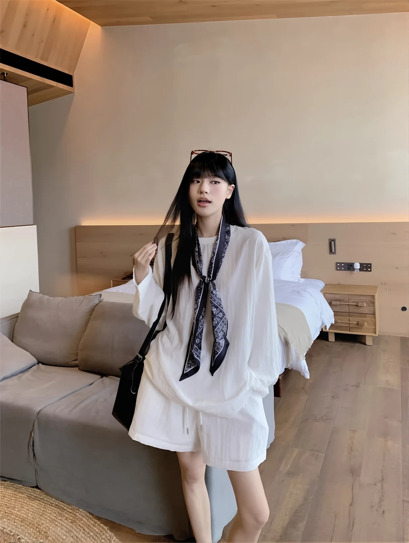 气质套装丝巾白色防晒长袖衬衫女装夏季抽绳休闲短裤松弛感两件套