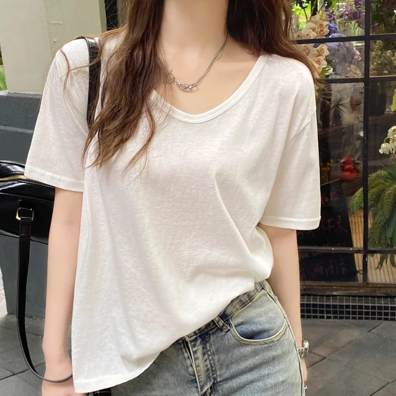 竹节棉短袖t恤女v领夏季2025新款宽松白色棉麻半袖薄款冰丝上衣