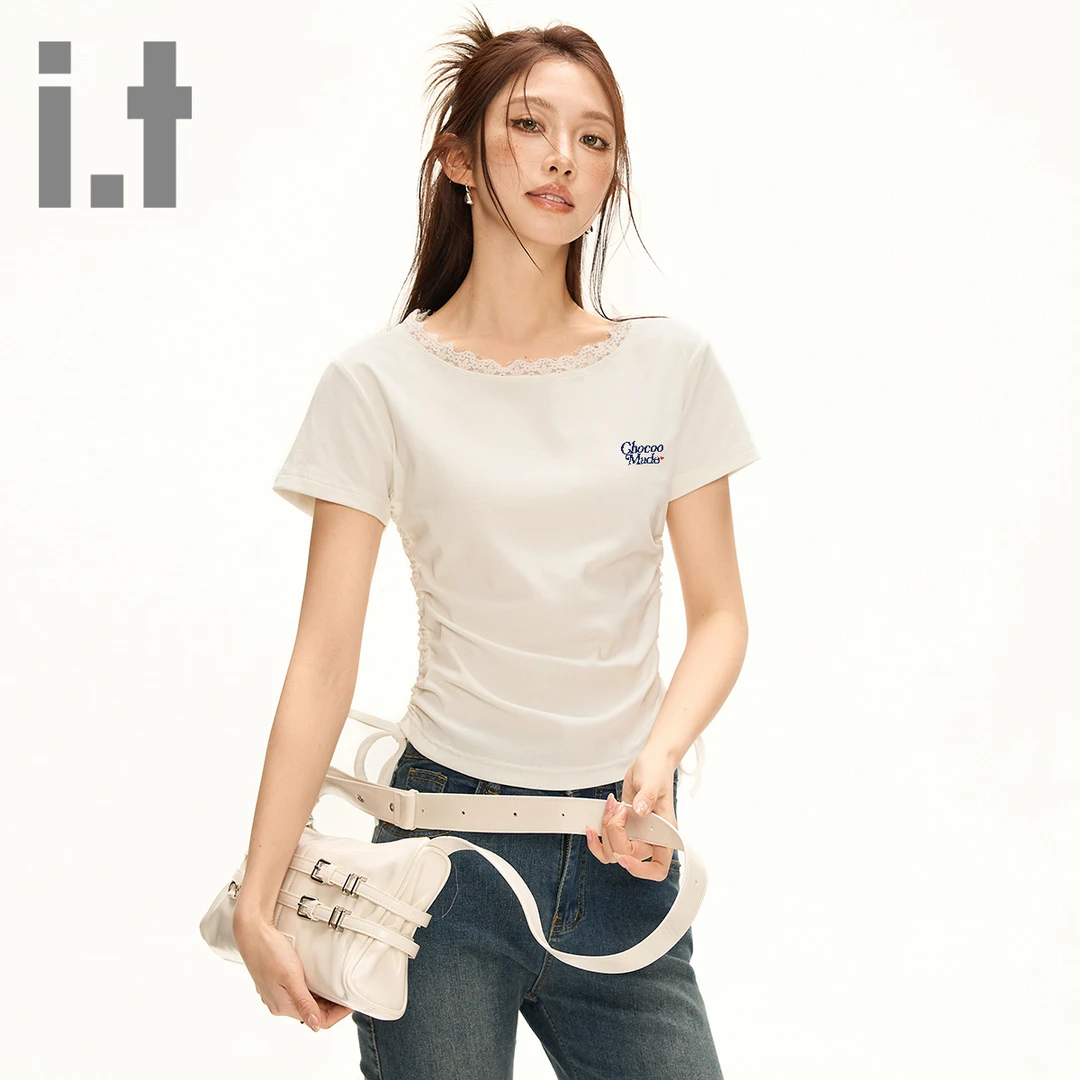 it:CHOCOOLATE夏季短袖T恤女时髦洋气蕾丝拼接腰部抽女款圆领t恤