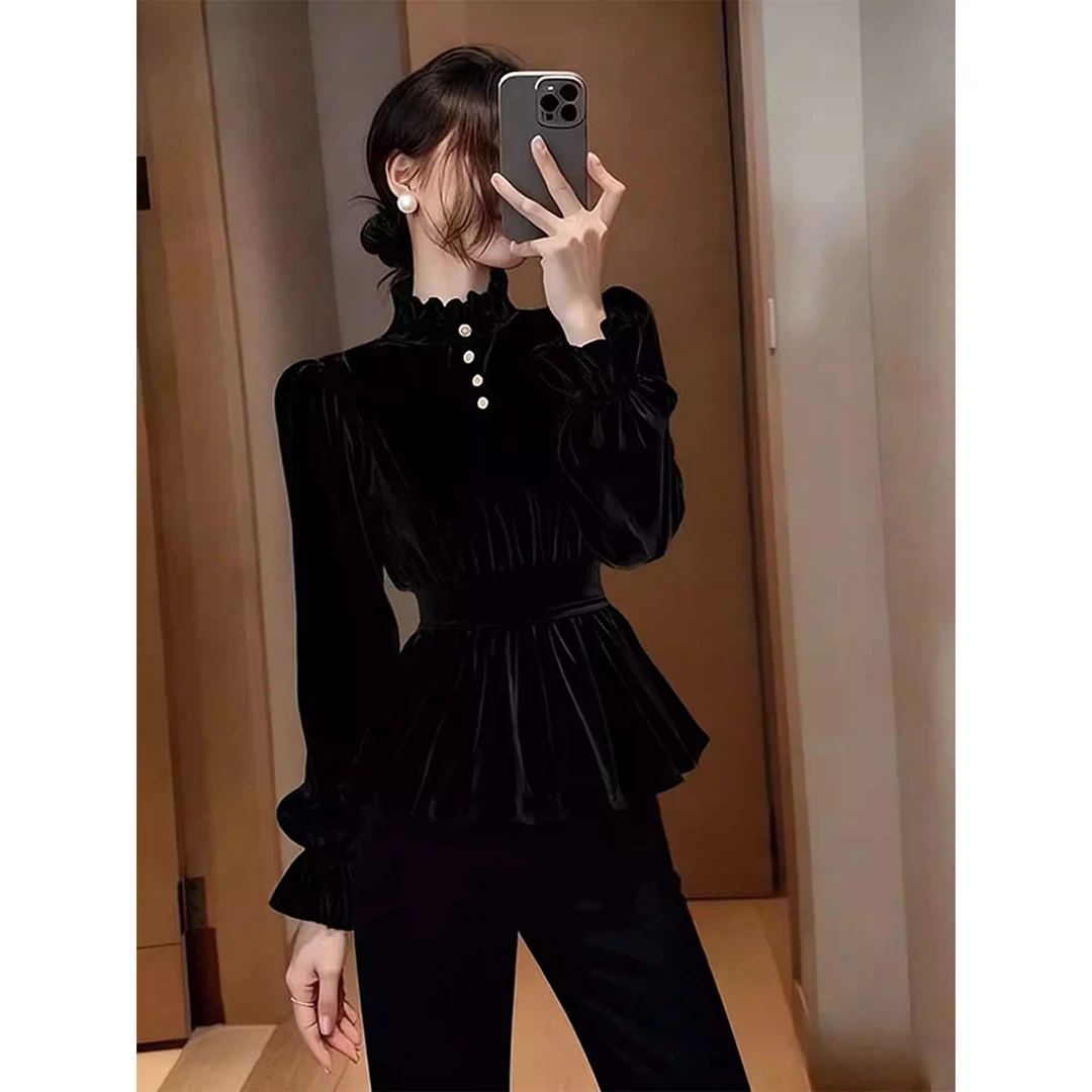 黑色丝绒衬衫2025冬季独特漂亮重要场合气质名媛高级感收腰上衣女