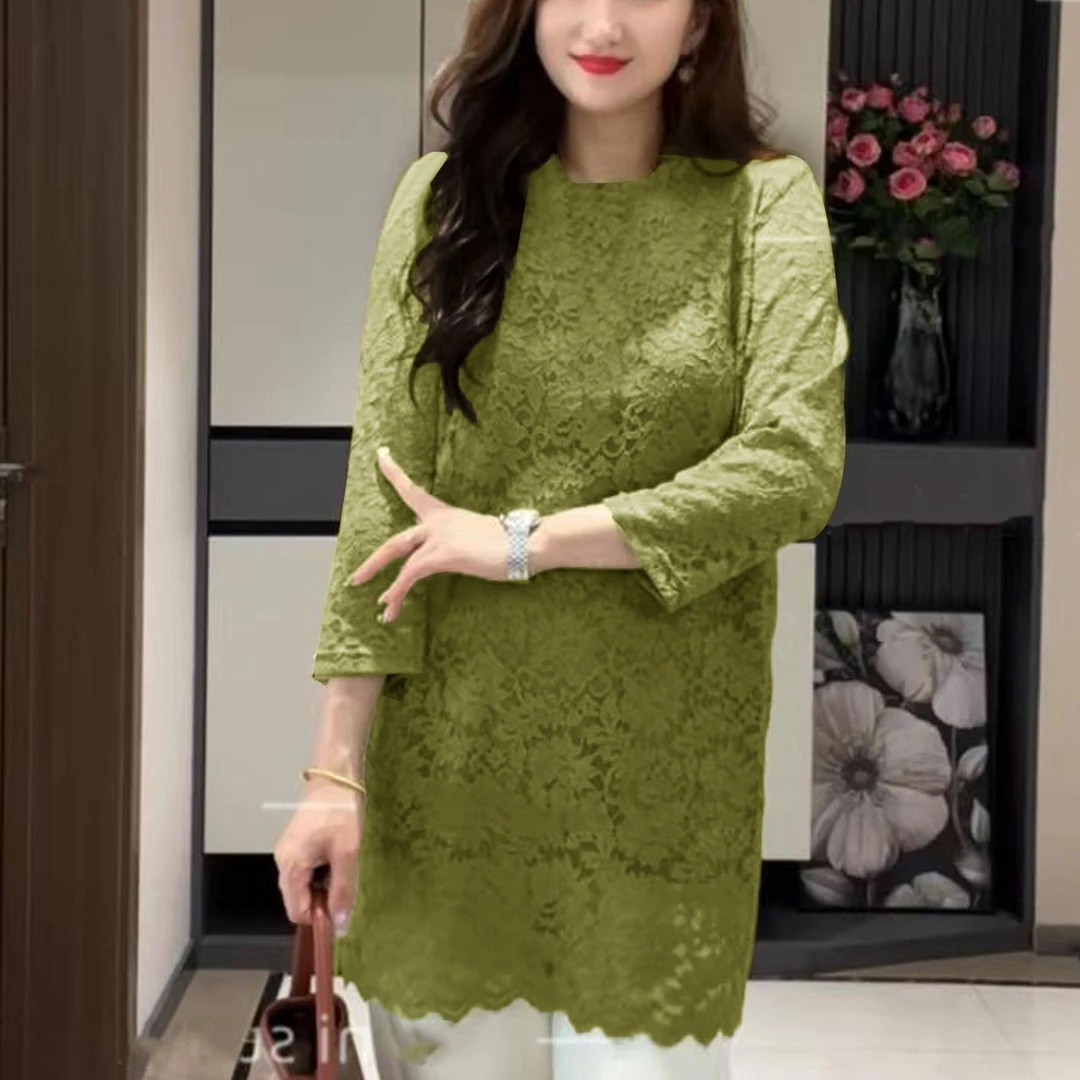 2025新款春秋时尚中长款上衣夏季气质蕾丝打底衫宽松显瘦小衫女