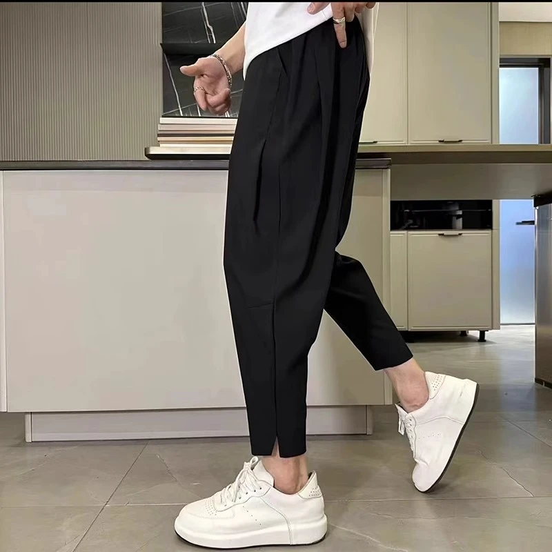 秋冬新款速干薄款九分裤男士百搭休闲裤宽松哈伦开叉松紧小脚裤子