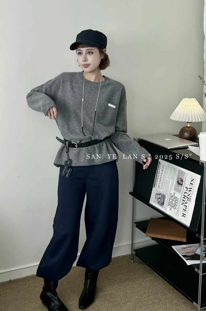 SYL2025冬季新款休闲百搭纯色口袋毛衣25123