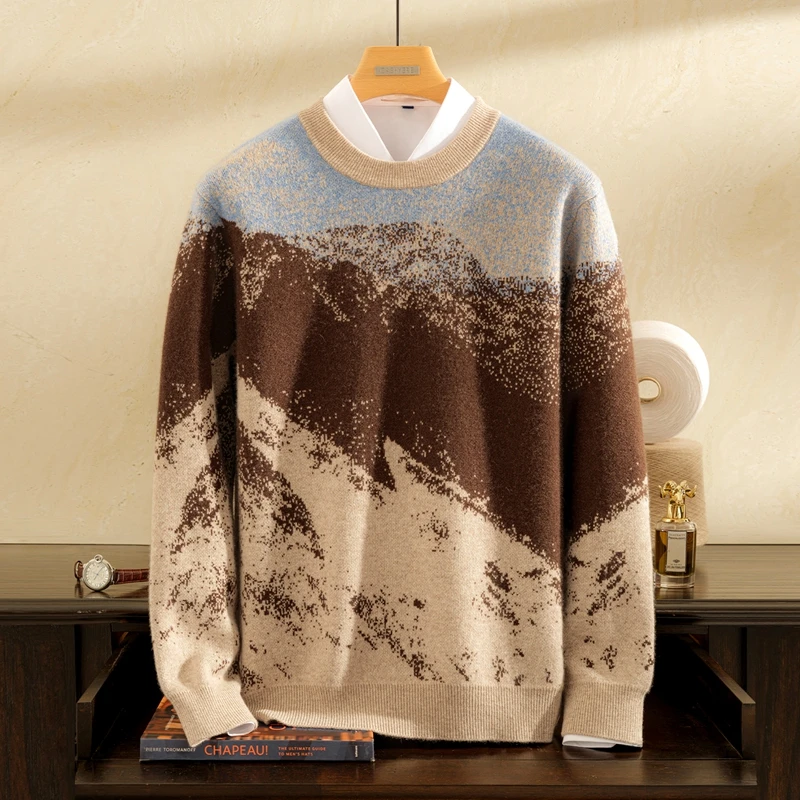 【秋冬上新】男士纯山羊绒衫圆领长袖三色提花江山图时尚百搭套头衫