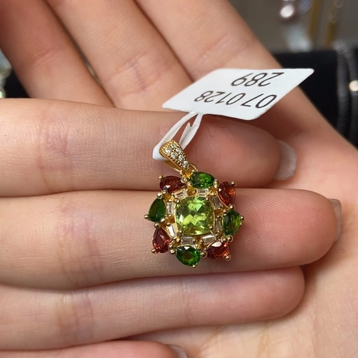 橄榄石颈饰银S925镶嵌多宝