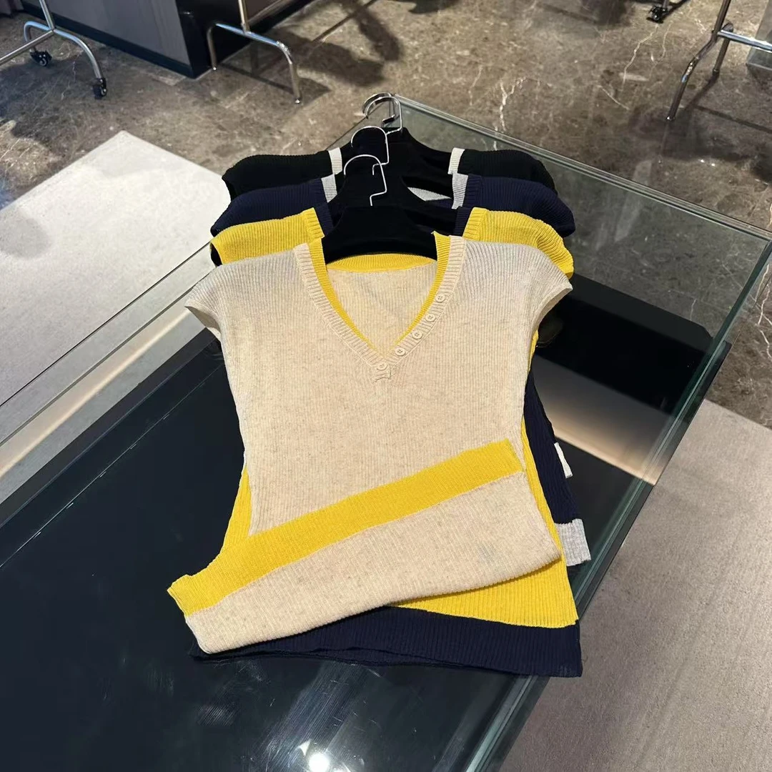 新款老钱风撞色V领针织短袖
