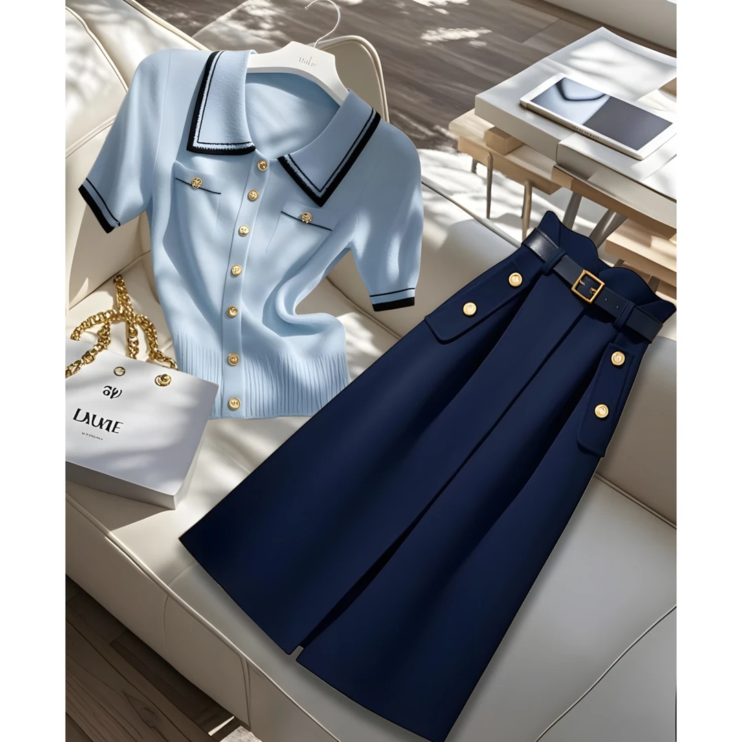 2025夏季新款浅蓝色高级感针织t恤上衣小个子减龄a字半身裙套装女