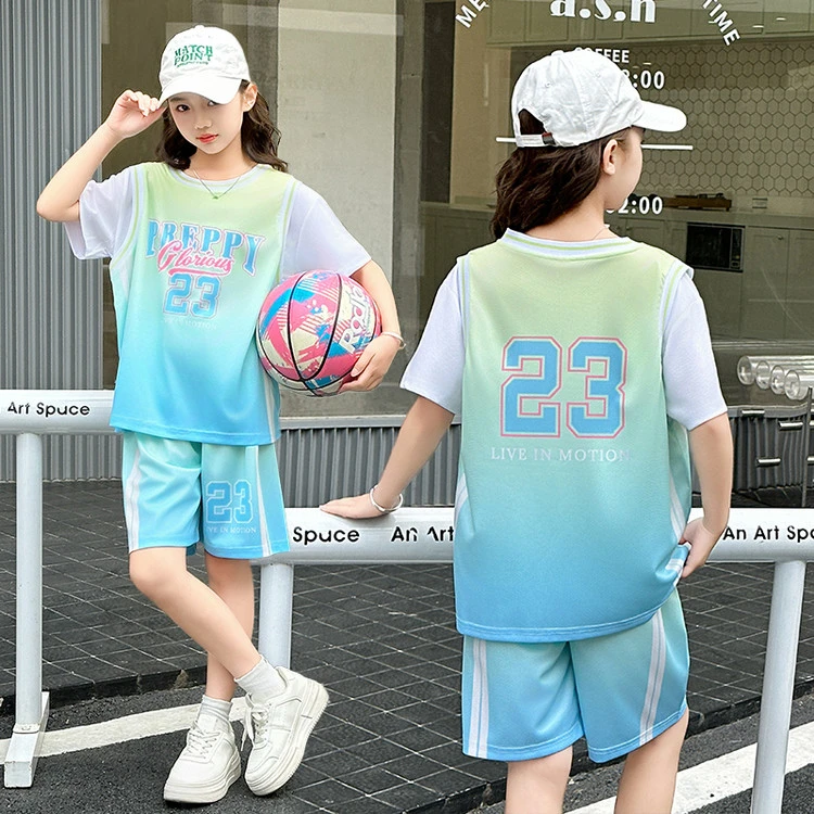 女童中大童儿童时尚休闲夏季宽松潮流学生假两件篮球跑步训练运动