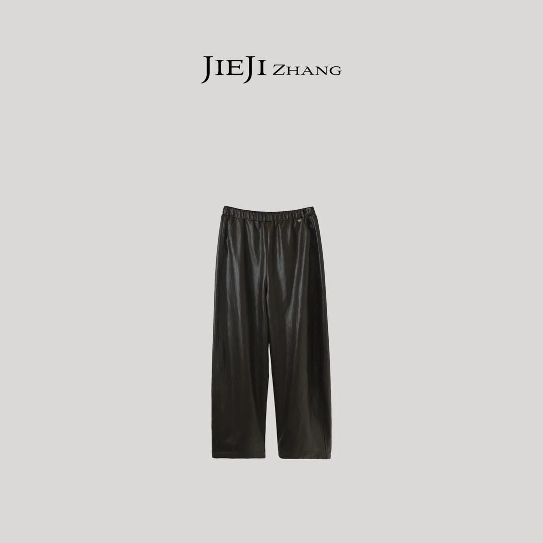 【JIEJI ZHANG】高级定制秋冬时尚百搭皮质斜裁弯刀裤351560